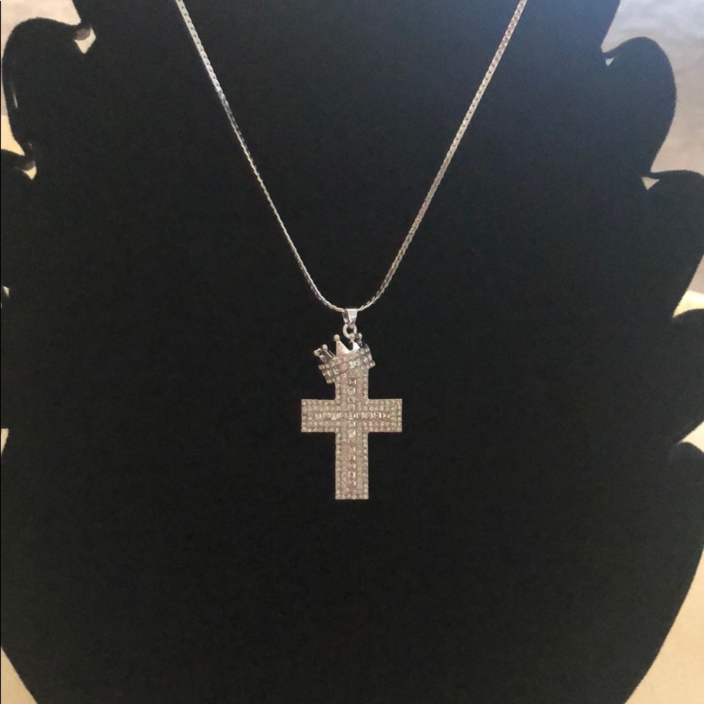 Silver tone cross simulated diamond neckla…